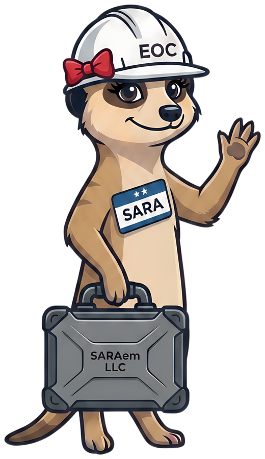 SARA, the WatchKat meerkat mascot, wearing an EOC hard hat and carrying a SARAem LLC field case